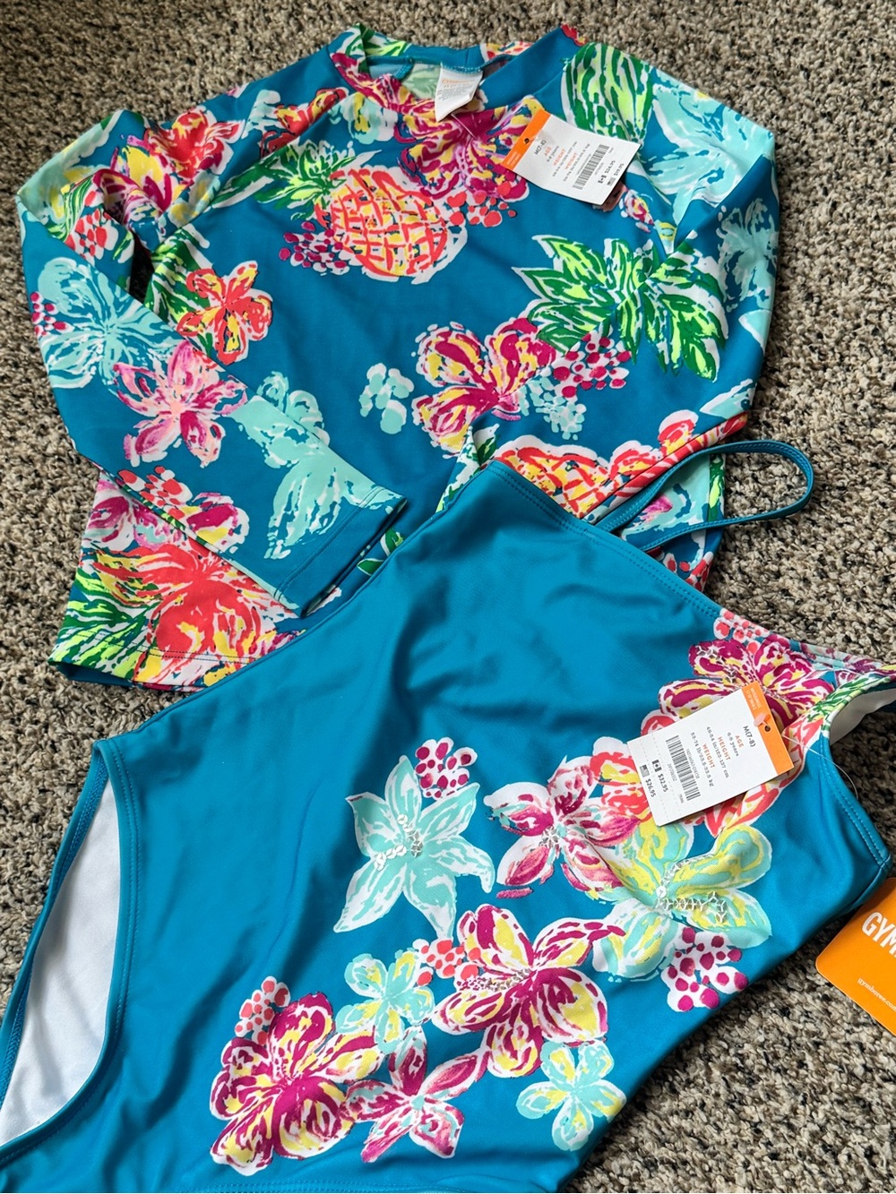 Gymboree Teal Floral  Girls' One-Piece Swim with Rash Guard 2 pieces